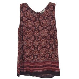 Artisan NY Sz M Red Orange Floral Print Contrast Hem Sleeveless Top Button Back